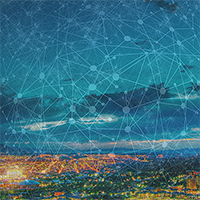 Photo illustration of a network superimposed over on an image of Salt Lake City