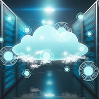 Blue-tinted illustration of a data center and cloud computing elements