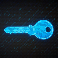 An illustration of a blue key on a black background with various semi-transparent blue letters and numbers around it.