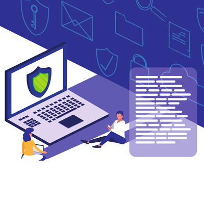 An illustration of two people sitting next to a laptop that has a shield on its screen. On the right is a transparent purple box with white lines to represent text. In the background is a purple wall with shield, document, email, lock, file, cloud, and magnifying glass icons.