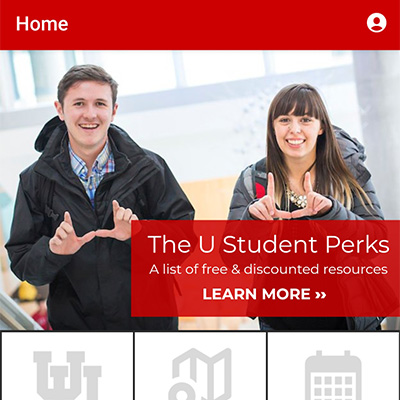A screenshot of the MobileU home screen, with student perks as the featured article at the top.