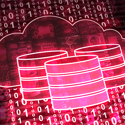 A pink-hued illustration of a cloud behind three round storage servers with binary code in the background. Various icons make up each square of the cloud. 