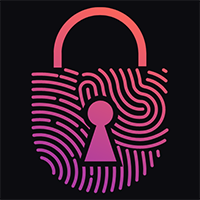 Illustration of a pink-hued security lock with thumbprints on its face, on a black background. 