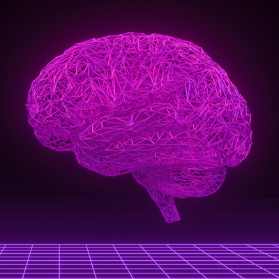 A magenta brain formed by a close-knit network of overlapping and intersecting lines on a black background and above a grid of magenta lines.