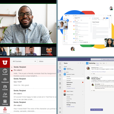 Clockwise from top left: Screen captures from a Zoom meeting, Google email inbox, Microsoft Teams workspace, and U of U Canvas learning management system.
