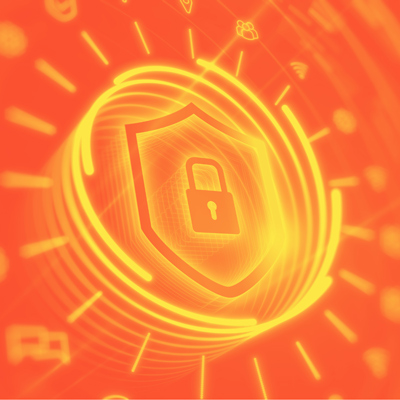 Neon orange and yellow outline of a shield containing an orange padlock on an orange background. Neon yellow circles spiral around the shield. Neon yellow lines radiate out from the circles. At the end of each line is an icon, such as a Wi-Fi signal, three users, waypoint; some are more in focus than others.