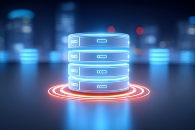 Glowing database server stack in urban skyline symbolizing cloud computing infrastructure, data warehousing, and scalable IT operations.