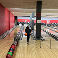 Kim Tanner bowls September 1, 2022, at the A. Ray Olpin Union bowling alley.