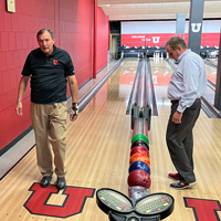 Kin Pink, left, and Jim Livingston bowl September 1, 2022, at the A. Ray Olpin Union bowling alley.
