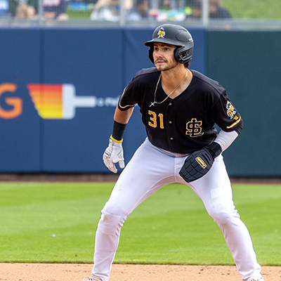 Bryce Teodosio leads off of second base after lining a two-RBI double with the bases loaded in the sixth inning during the May 22 Salt Lake Bees game. Image courtesy of the Salt Lake Bees.