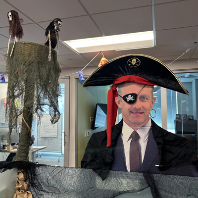 A life-size cardboard cutout of USS Engineering Director Jason Moeller dressed as a pirate for DCIO Halloween festivities on October 30, 2024. (Courtesy of Abbey Allen)