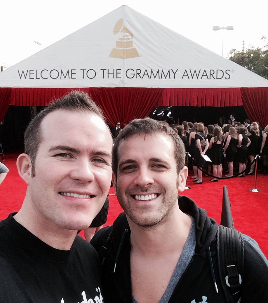 Spencer Stout and Dustin Reeser pose outside the Grammy Awards, where they were married during the ceremony's broadcast.
